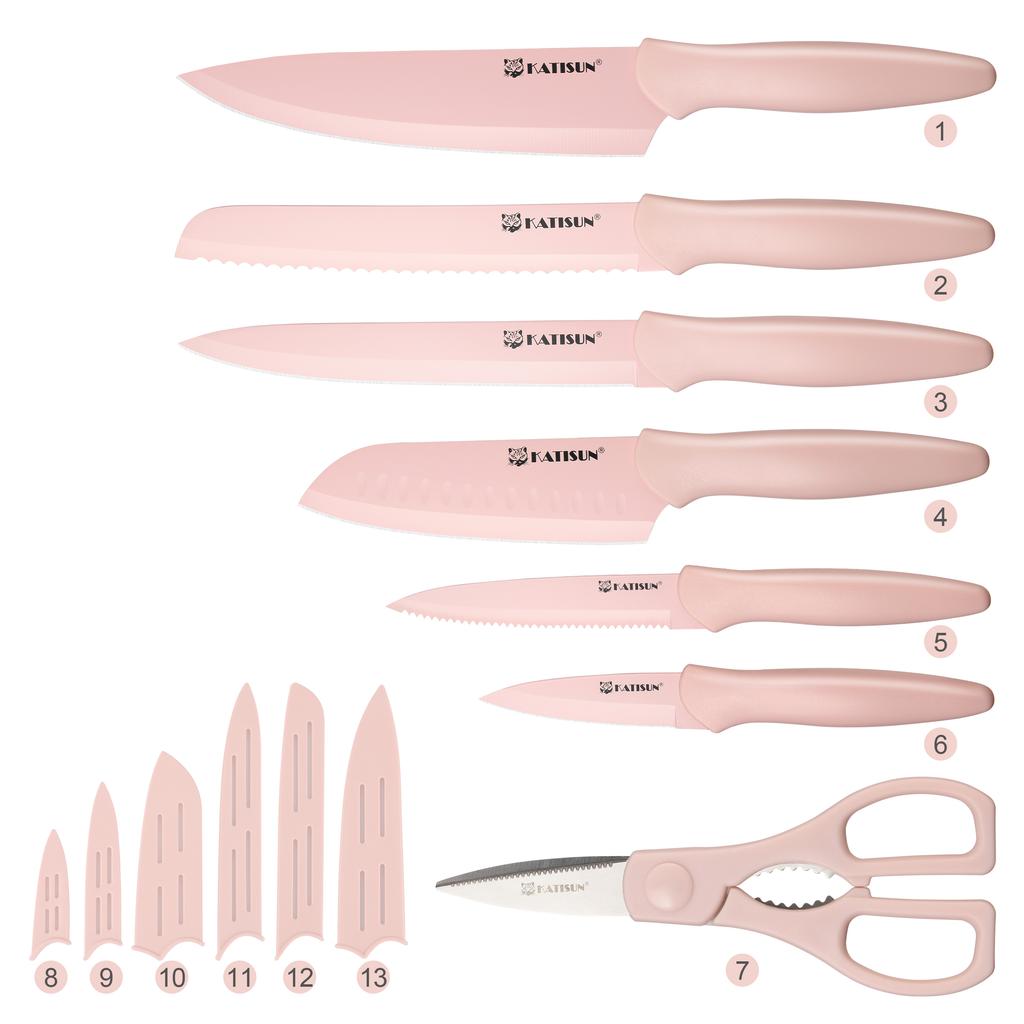 7 Pieces Pink Coding Carbon Steel Kitchen Knife Set with with Scissors and Sheaths