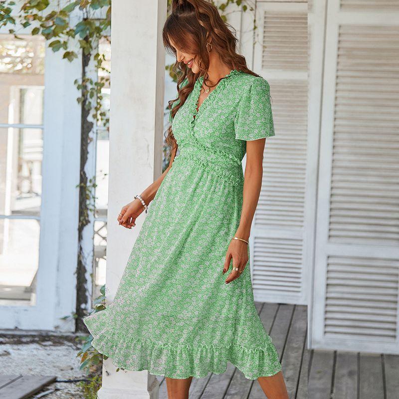 

Casual Resort Style V-Neck Short Sleeve Dressv Collar Short Sleeve Dress Women Green L