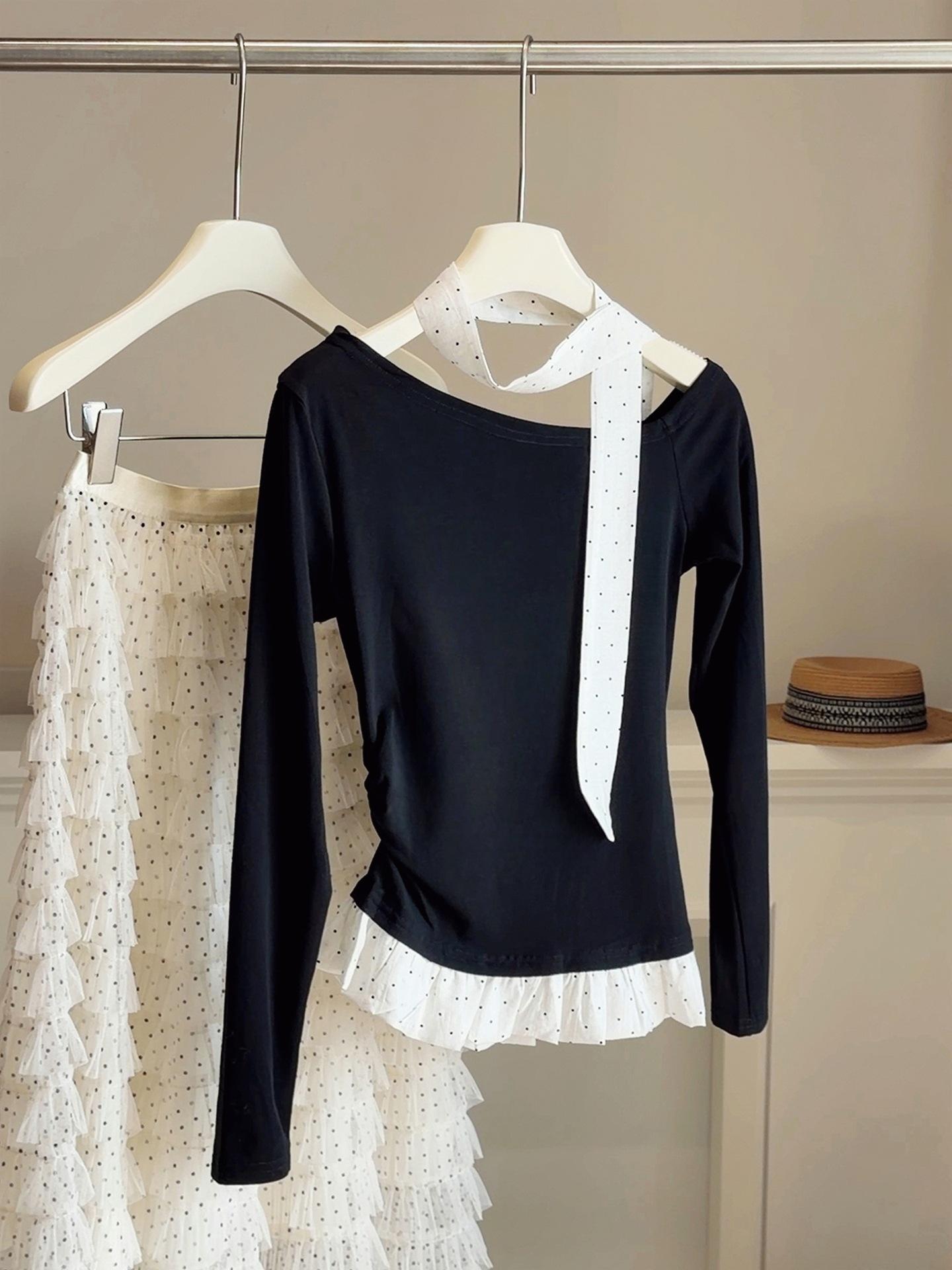 Women s Polka Dot One-Shoulder Ruffle Hem Slimming T-shirt with Ribbon - Spring Collection One Size