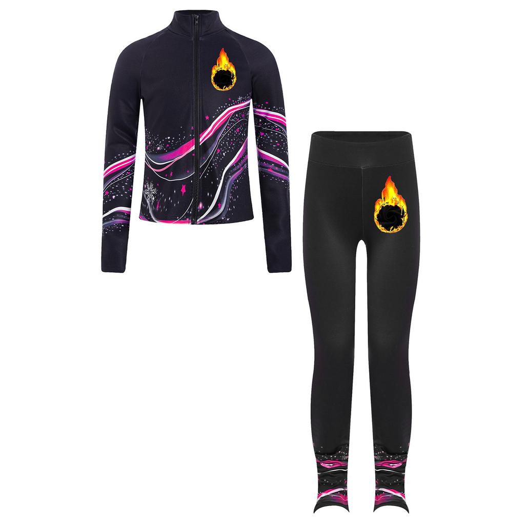 Girls Figure Skating Costume Stand Collar Long Sleeve Printed Jacket with Leggings for Dance