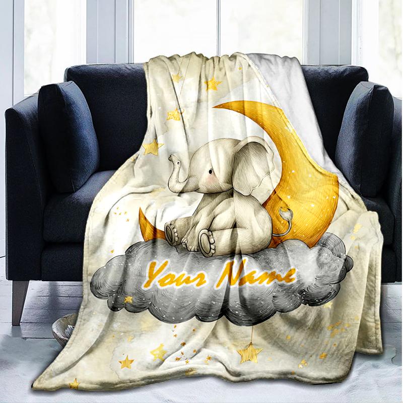 1PC Custom Name Elegant Elephant Moon Night outdooor Flannel blankets Throw Blanket All-Season Throw Gift Bedspread for Couch, Bed, Camping Holiday Bi