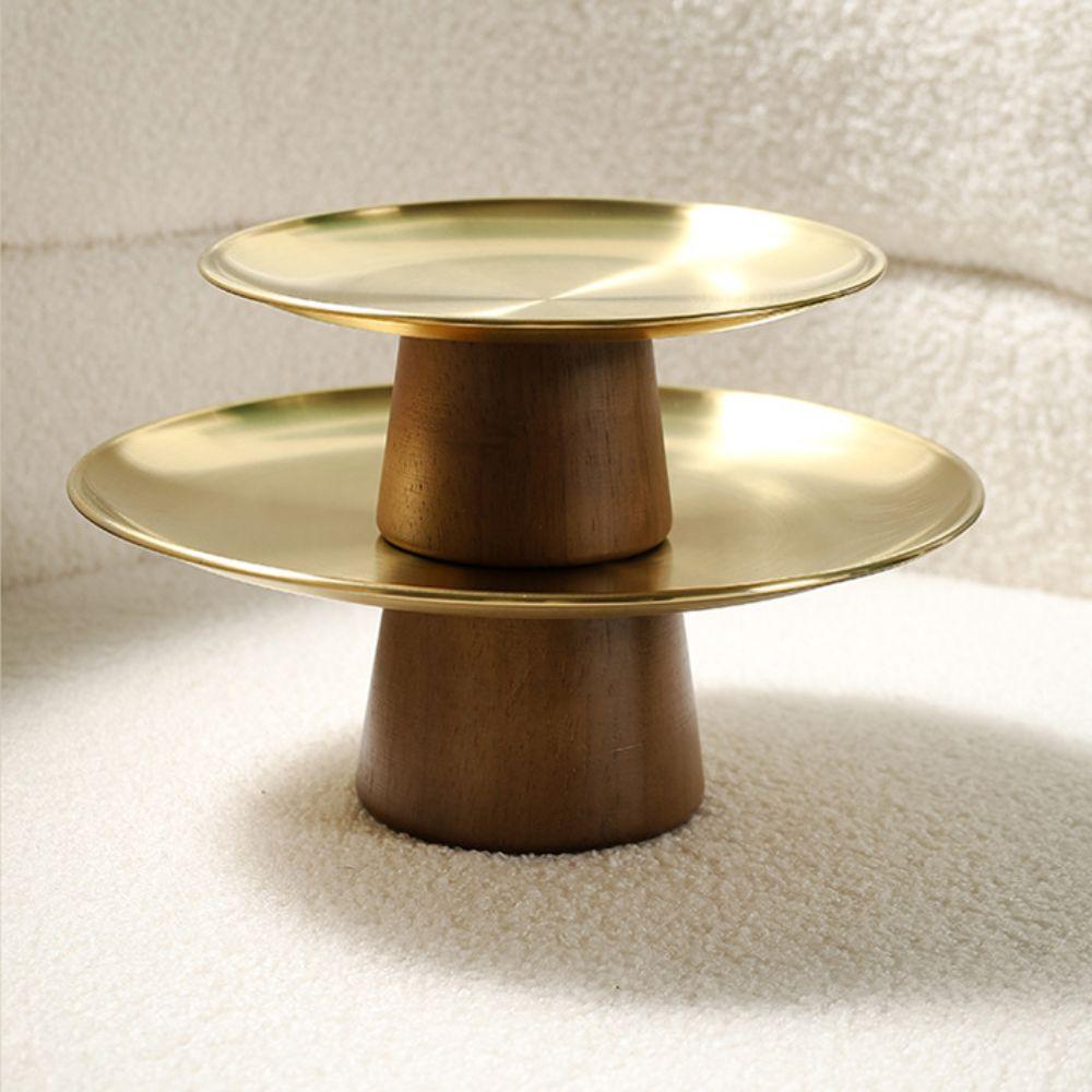 Korean Style Stainless Steel Cake Tray Wooden Base Stable Fruit Display Plate Multifunction Dessert Plate Home Decoration