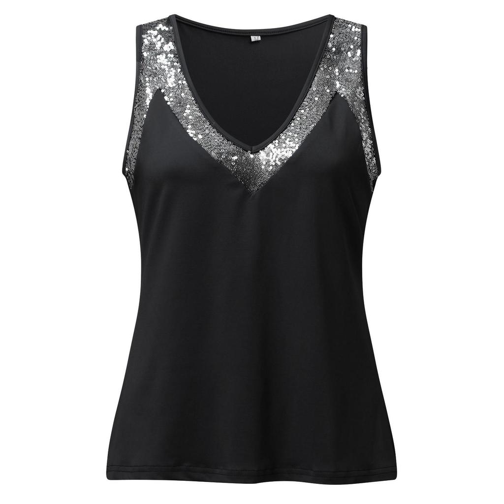 Summer Women Tank Tops Sequins Patchwork Sleeveless V Neck Shirts For Women Fashion Loose Tshirts Casual Shirt Pullover 2023
