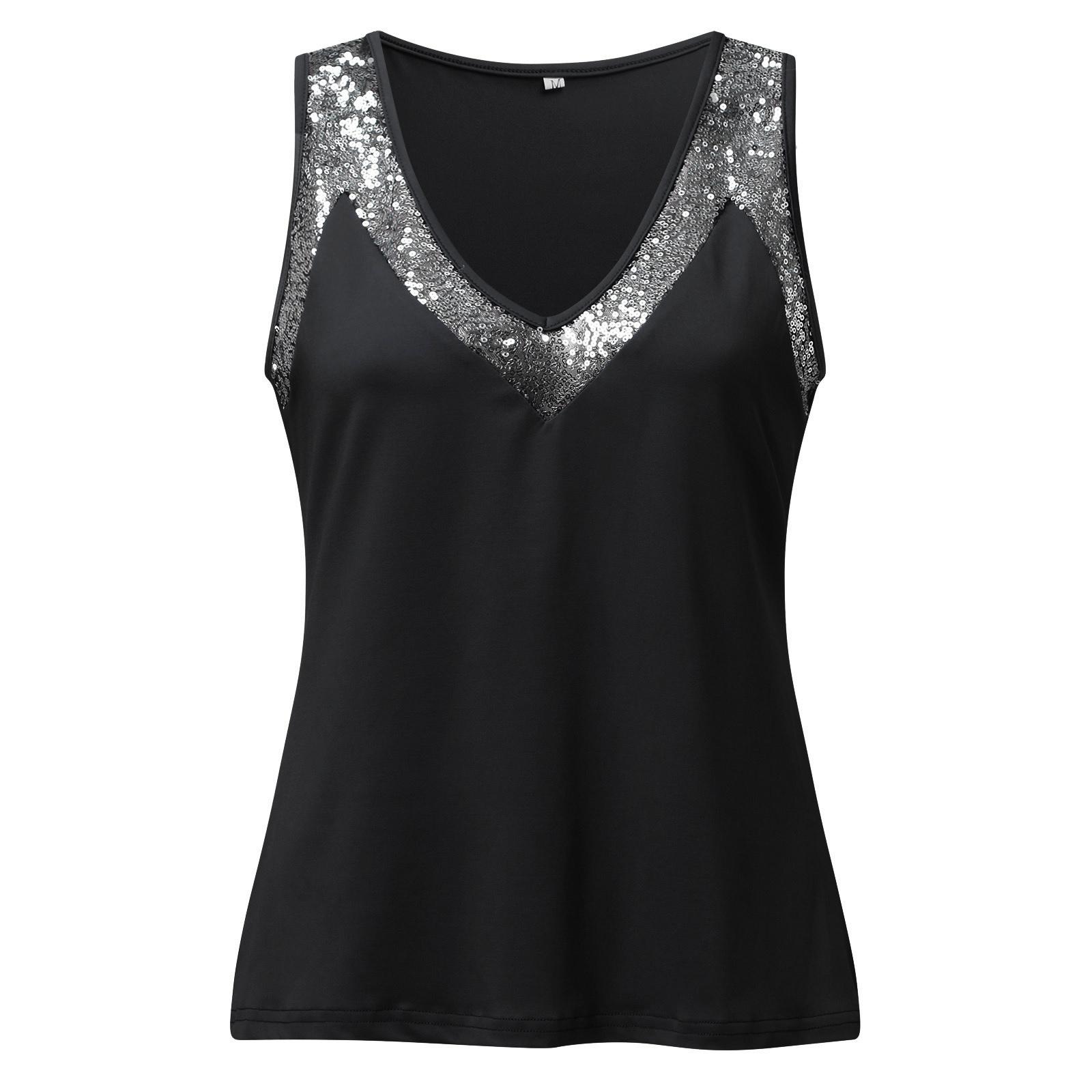 

Летние женские топы на бретелях с блестками в стиле пэчворк, рубашки без рукавов с v-образным вырезом для женщин, модные свободные футболки, повседневная рубашка, пуловер 2023 M чёрный