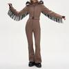 Thicken One-piece Ski Suit Women Faux Fur Hooded Tassels Coat High Waist Belt Jumpsuit Winter Windproof Waterproof