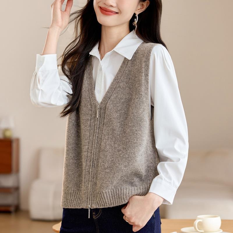 

Жіночий трикотаж Осінь Жіночий Шикарний Простий Жилет-светр без рукавів Верхній одяг Теплий Сірий В язане пальто Кардиган One size дубильна кора