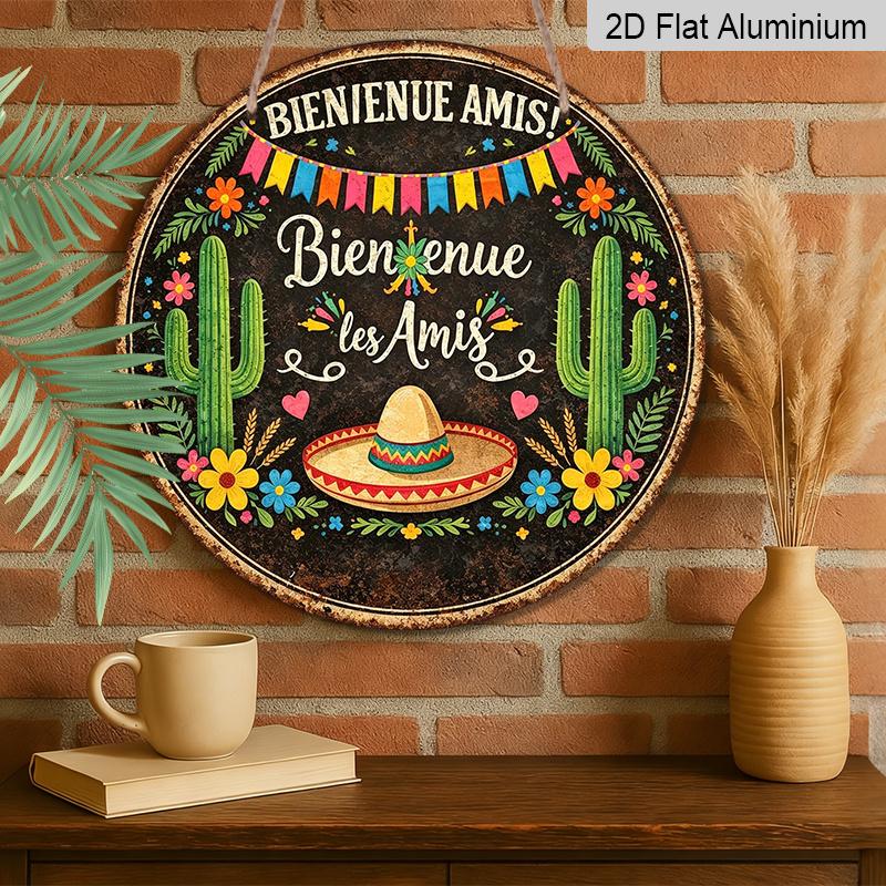 2D Flat, 1pc Round Aluminum "Bienvenue les Amis" Mexican Welcome Sign, Retro Metal Wall Art with Cactus, Sombrero & Fiesta Banner, Waterproof