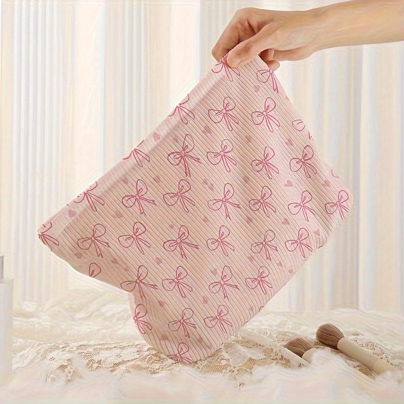 Pink Corduroy Makeup Bag with Bow and Heart Print Lightweight, Multi-Functional Toiletry Organizer with Zipper Closure Makeup Storage
