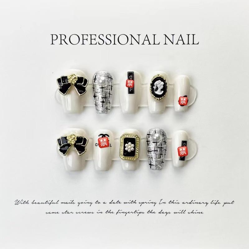 10pcs/set Purely Handmade Wearable Nails Removable Nail Art French Simple False Nails Finished Long and Short Nails
