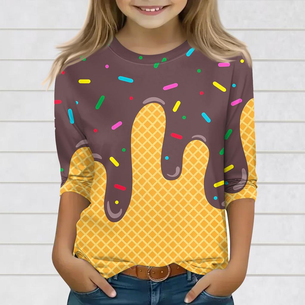 Druckoberteile für junge Mädchen 3-10 Jahre Rundhals 3/4-Ärmel T-Shirts Trendige Oberteile Outfit T-Shirts