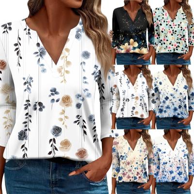 Women's T Shirt Tee Printed 3/4 Sleeve Daily Weekend Fashion Basic V Neck Regular Top