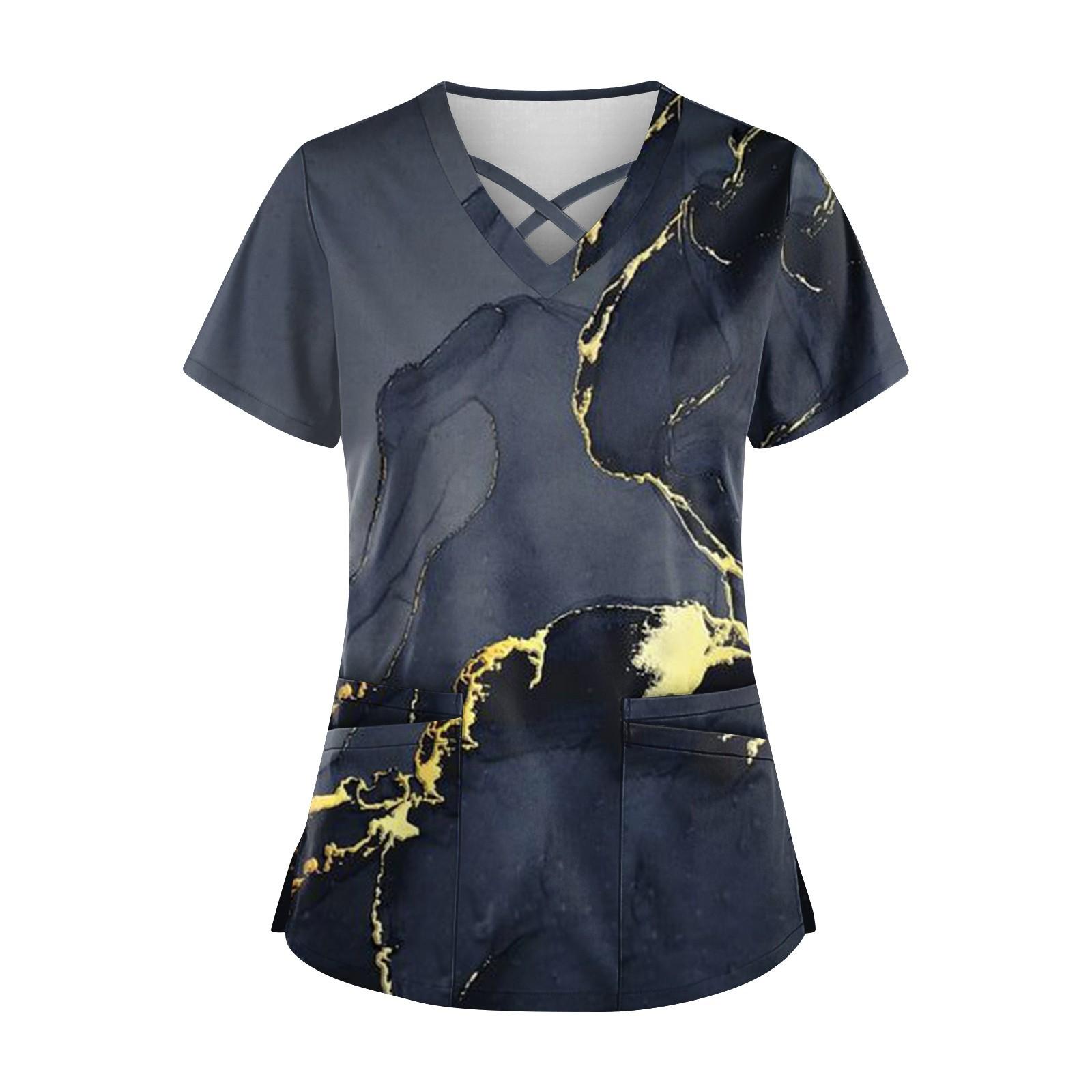 

Плюс размер, милая рабочая форма с принтом, топы для женщин, забавные футболки с перекрестным v-образным вырезом и короткими рукавами, рабочая одежда, футболка с карманами L чёрный