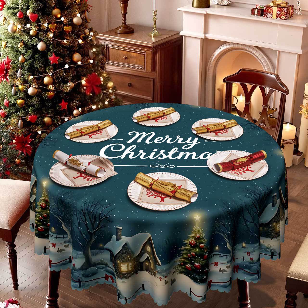 

Christmas Theme Blue Round/Rectangular Tablecloth Snow Christmas Tree Pattern, Table Decoration Cloth Festive Atmosphere Round tablecloth-152x152cm