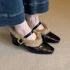Retro Velvet Warm Mary Jane Furry Chunky Heel Leather Shoes with Strap