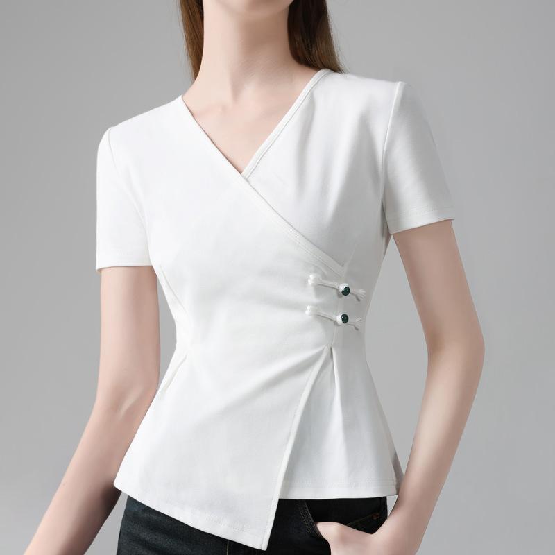 

Футболка с короткими рукавами женская летняя новая женская хлопковая футболка с крестообразным V-образным вырезом на пуговицах с неровным подолом и талией 3XL