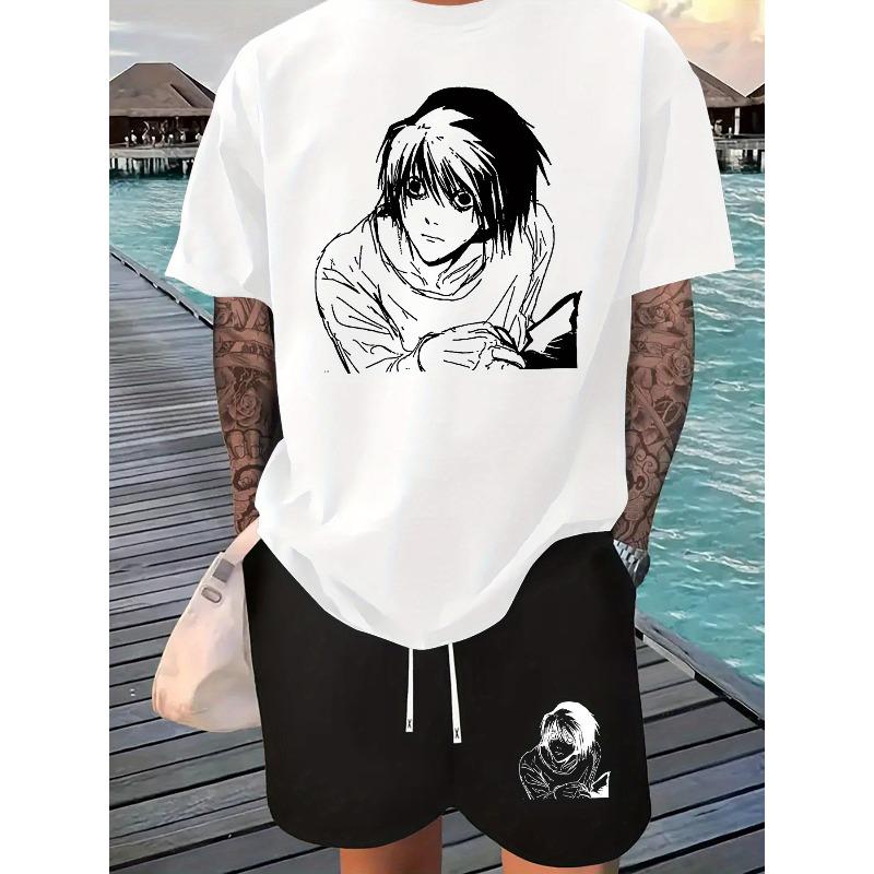 

Европейский размер Мужская футболка с коротким рукавом и поясом с принтом аниме-мальчика, Повседневный спортивный обычный топ и брюки, Подходит для весеннего и летнего сочетания S белый