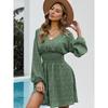 Summer New Polka Dot Women's Dress, Pullover V-neck Long-sleeved Pleated Waist Floral Slim-fit Skirt