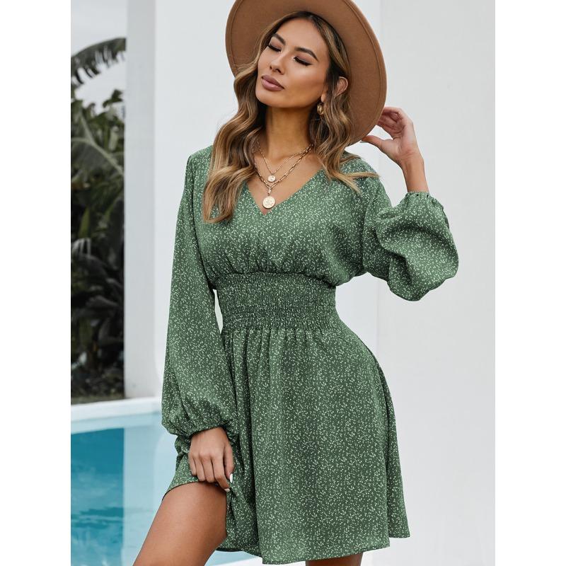 Summer New Polka Dot Women's Dress, Pullover V-neck Long-sleeved Pleated Waist Floral Slim-fit Skirt