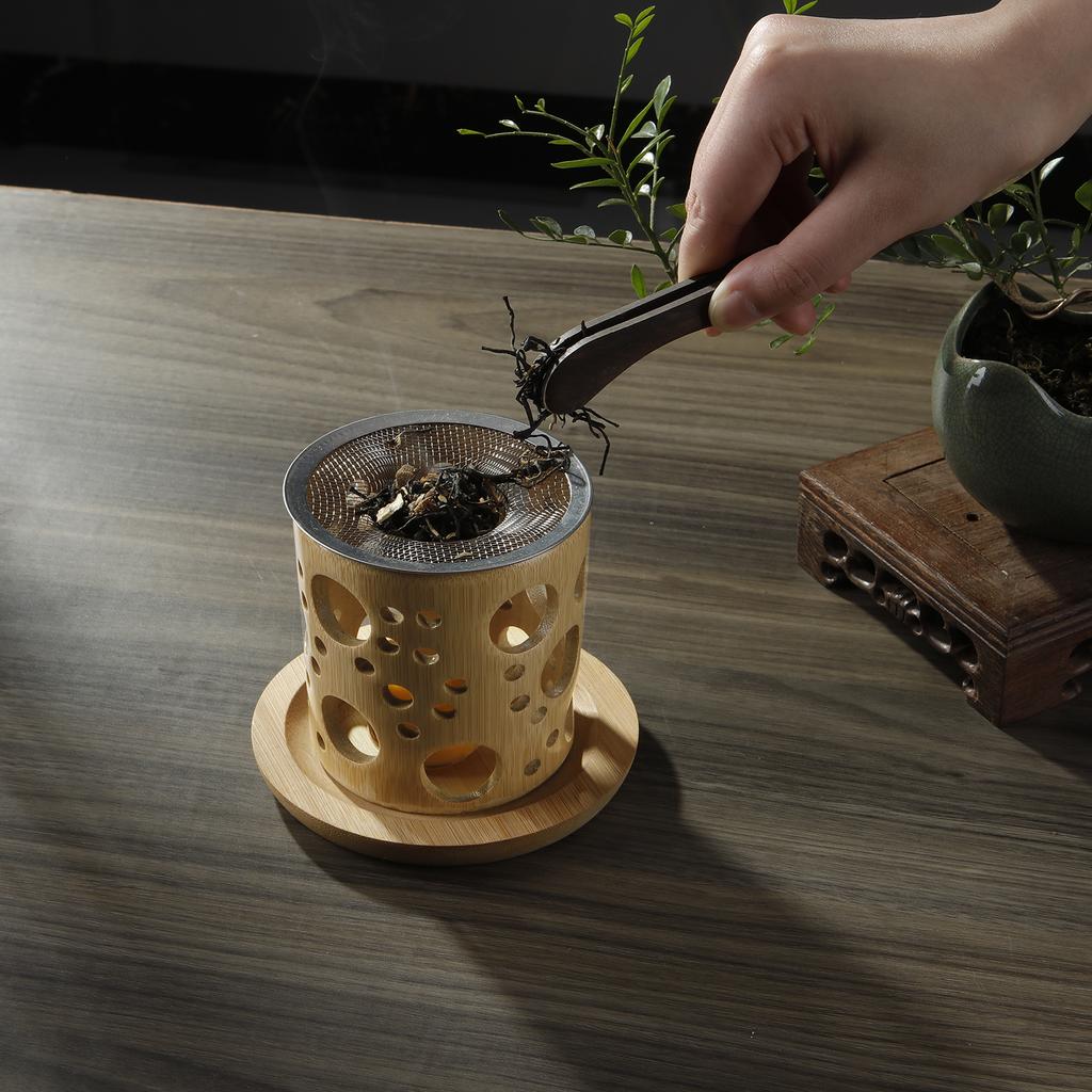 Bamboo Candle Holder Aromatherapy Heating Holder with Stainless Steel Strainer Incense Burner for Yoga SPA Aromatherapy