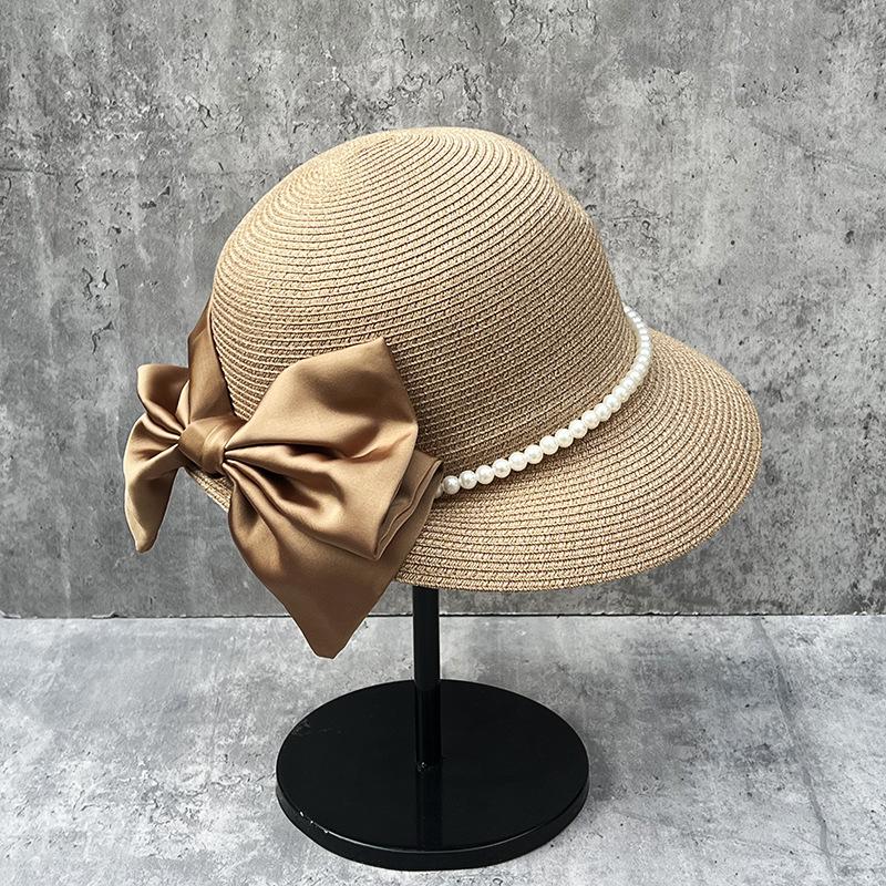 Французская Элегантная Соломенная Шляпа с Жемчугом и Бантом Женская Пляжная Шляпа Широкополая Шляпа от Солнца Шляпа-Ведро Цилиндр M（56-58cm）