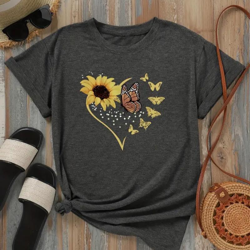 

Модная женская футболка с принтом «Подсолнухи и бабочки», забавная повседневная футболка с круглым вырезом и короткими рукавами, летняя женская футболка 8XL