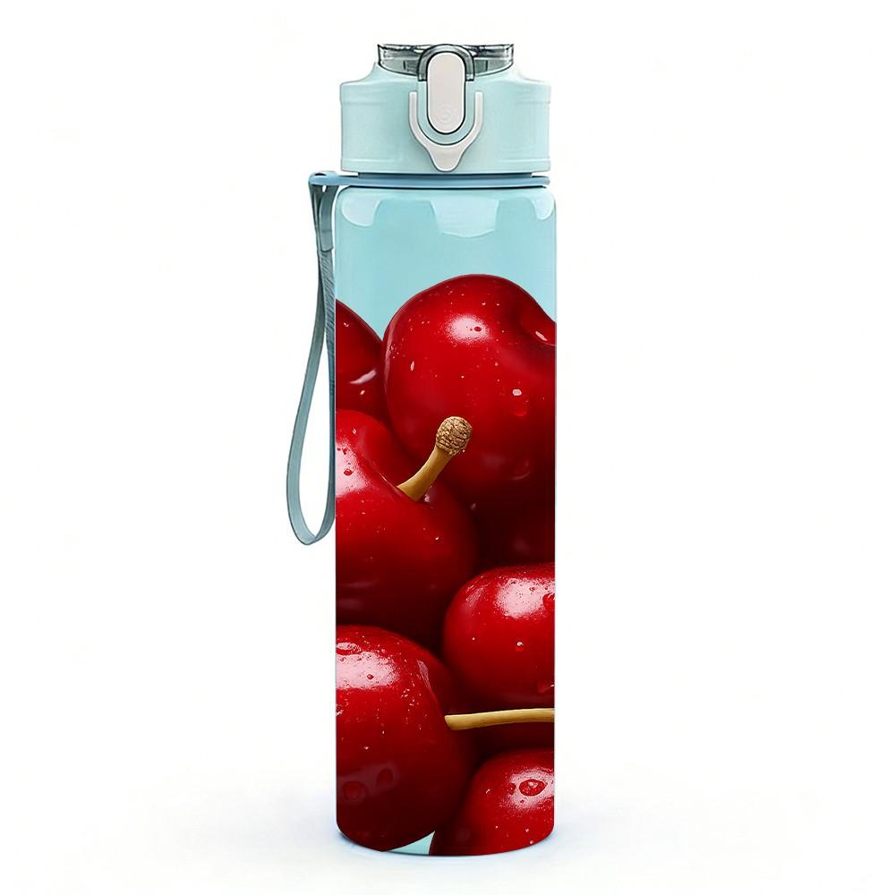 1PC Bright Red Cherry Fruit Cluster Print 750ml Color Plastic Sports Water Bottle Leakproof Flip Straw Lid Suitable for Sports Office Home Use