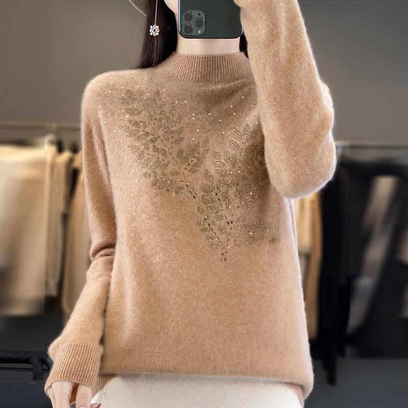 

Осень/Зима Женский Полуводолазный Свитер Свободный Пуловер Со Стразами Трикотаж Мягкий Трикотажный Топ XXL хаки