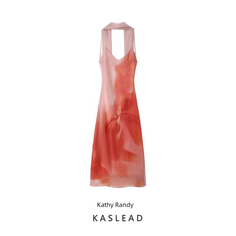 Kaslead New Women Clothes Western Style Fashion Slimming Sling Scarf Decoration Tie-dye Print Dress