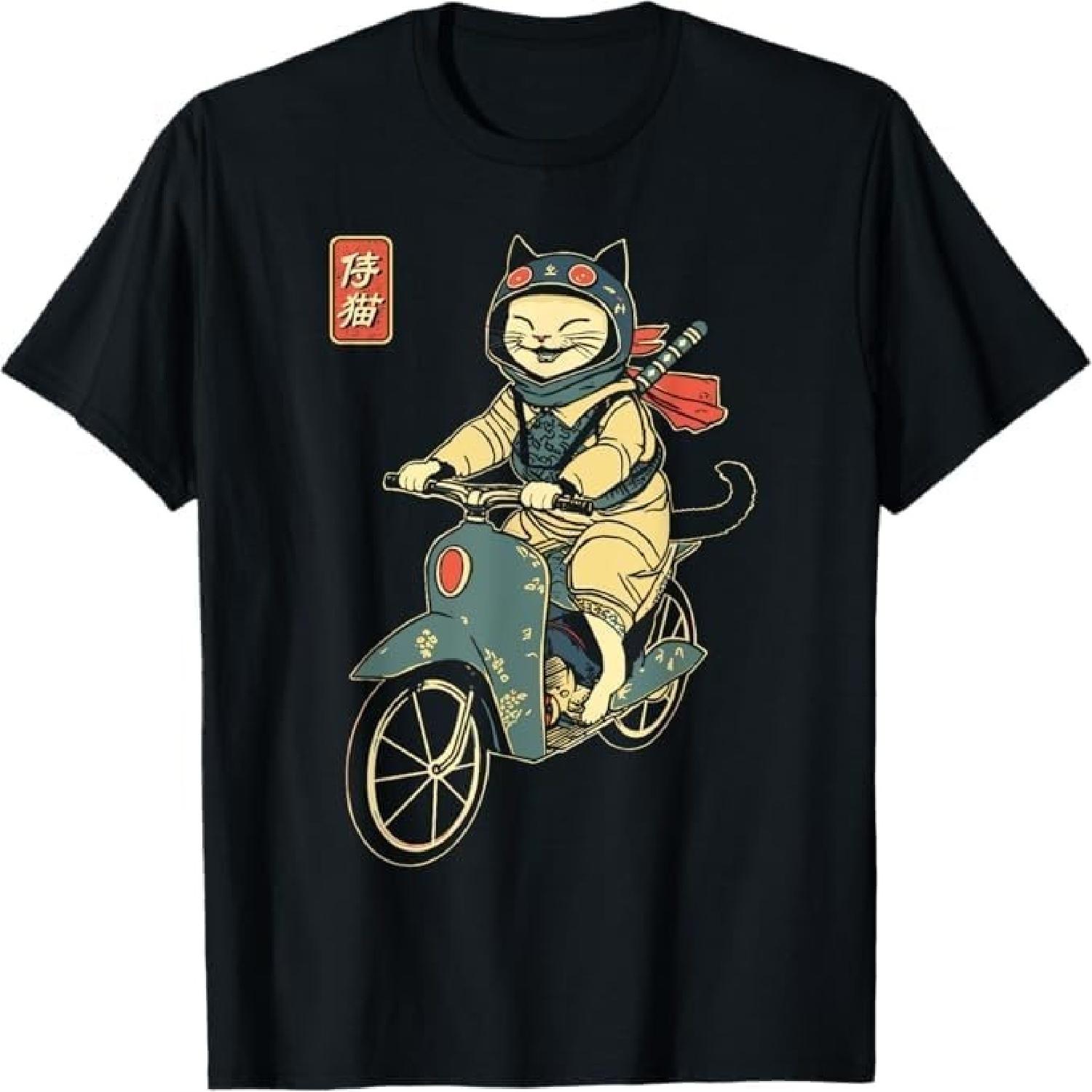 Japanese Samurai Cat on Motorcycle Kawaii Ninja Cat T-Shirt PVH Mens Womens Tank Top Sweatshirt Hoodie 475 Black S