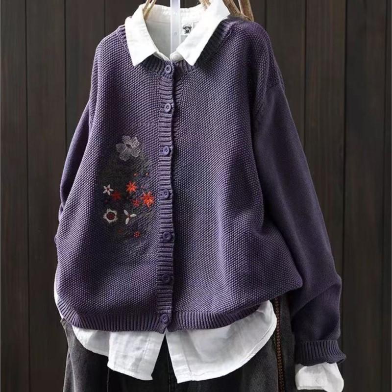 Johnature Women Vintage Embroidery Floral Sweaters O-Neck Long Sleeve Solid Color Button Knitted Autumn Sweaters