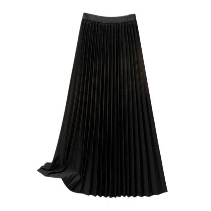 Women Maxi Skirt Elastic High Waist Pleated Skirt Solid Color Smooth Satin A-Line Skirt Work Leisure Wear