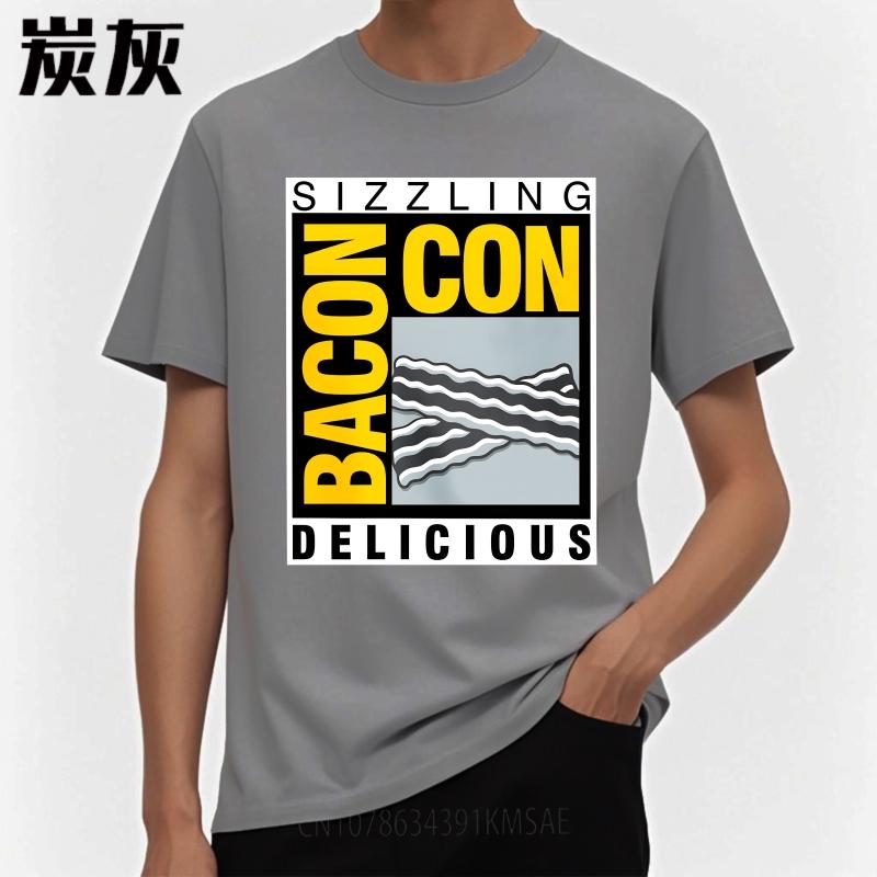 Man Round Neck teeshirt Cool For Him Summer T Shirt Sizzling Bacon Con Delicious Short Sleeve Travel Crew Neck For Men Tops