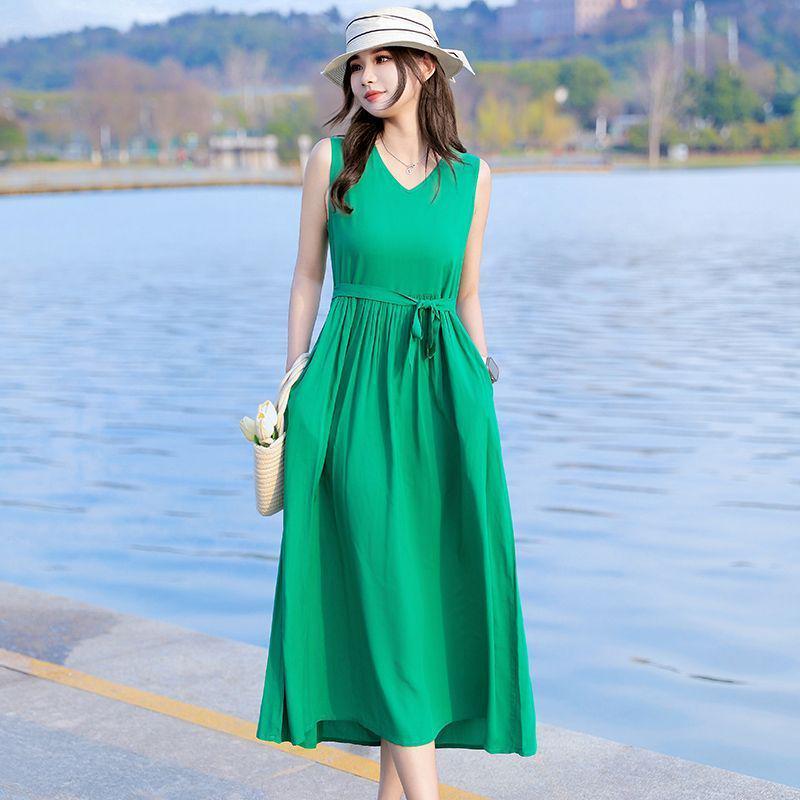 New Women's Summer Sleeveless French Silk-Cotton Beach Dress