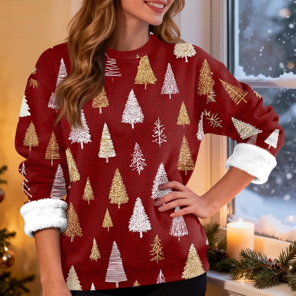 Women's Fashion Casual Long Sleeve Christmas Printed Round Neck Top Sweatshirt