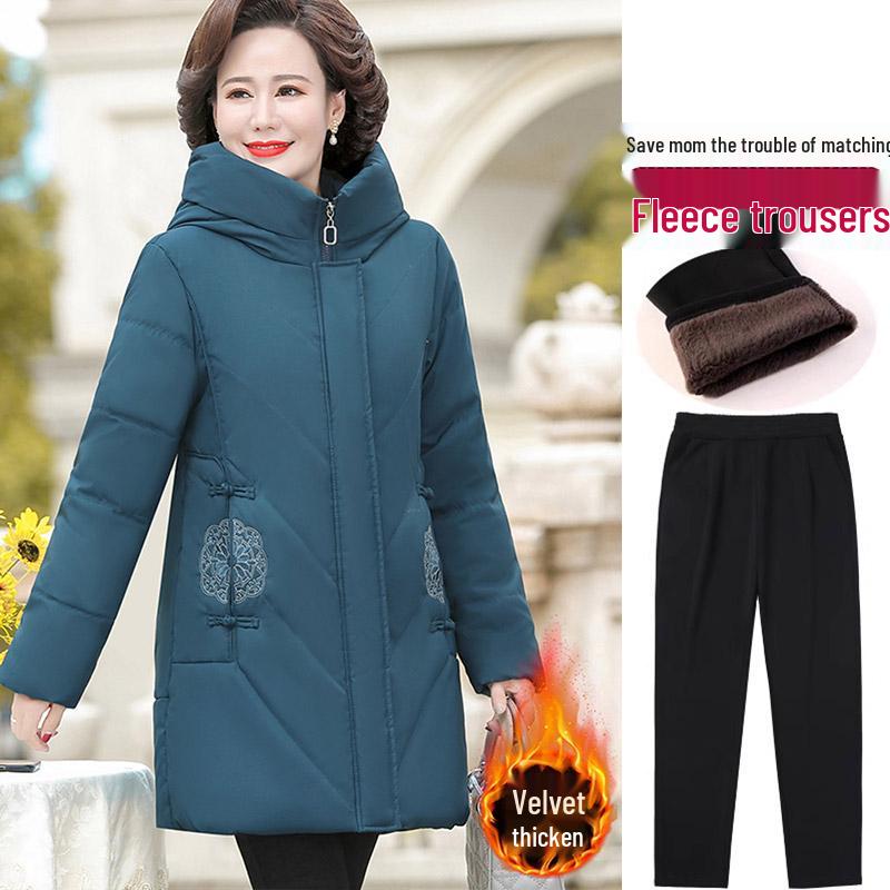 Red Mid-Length Winter Jacket for Middle-Aged and Elderly Women - Thick, Cotton-Padded, Suitable for Spring and Autumn