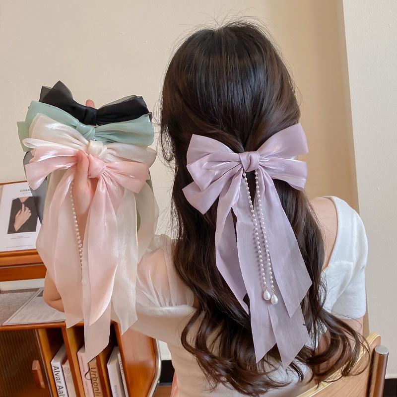 Vintage Elegant Hair Clip Three-layer Bow Pearl Chiffon Super Fairy Style Tie Hair Spring Clip Womne Fashion Hair Accessories