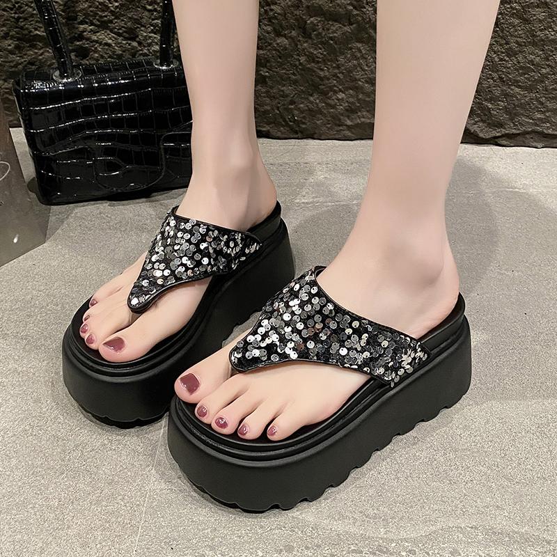 Fashion 8.5CM Heels Chunky Platform Slippers Women Bling Open Toe Thick Bottom Wedges Sandals Woman Summer Female Beach Flip Flops