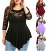 Plus Size Women Solid Floral Lace  Asymmetric Three Quarter Tops Blouse