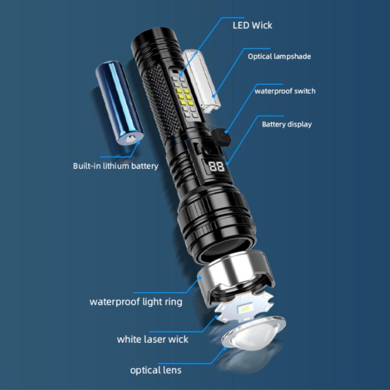 5 režimů USB dobíjecí LED svítilna výkonná zoom svítilna s COB bočními světly venkovní nouzová svítilna přenosná kempingová lampa