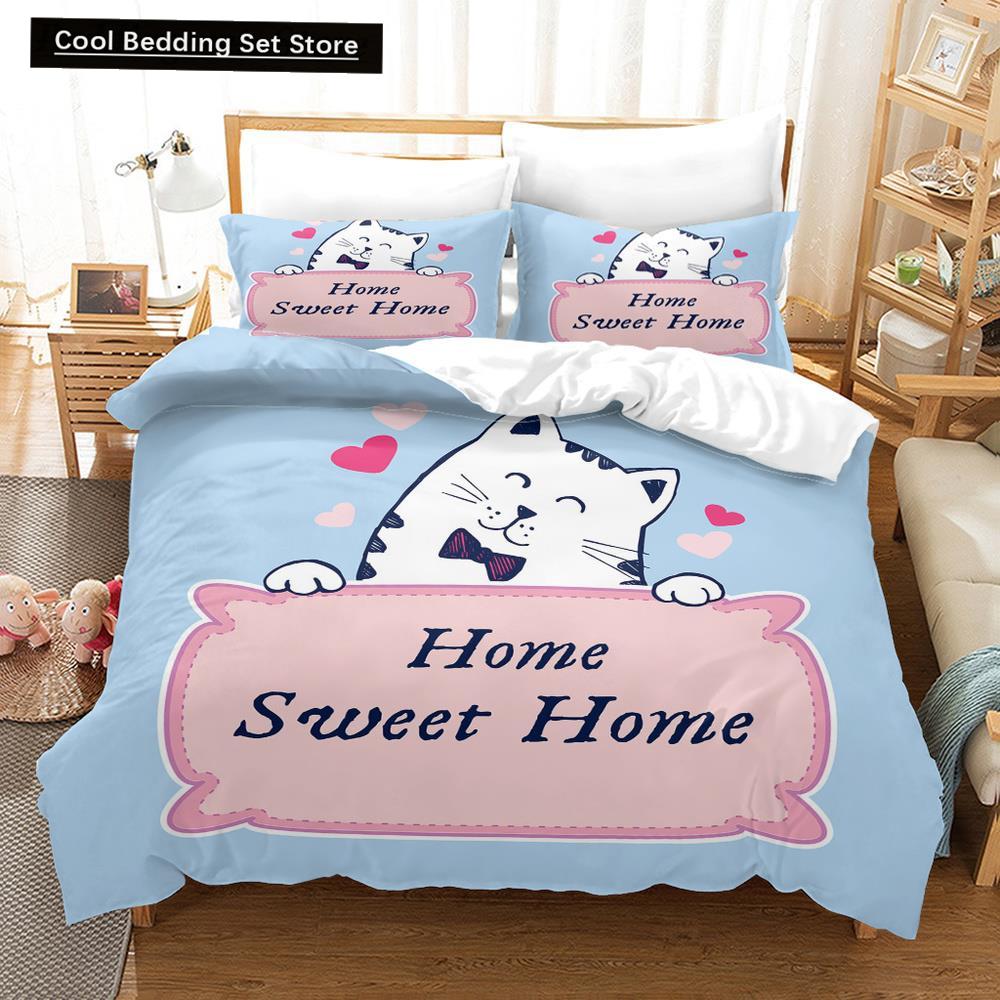 Cartoon Cat King Full Queen Duvet Cover Lovely Pet Kitty Bedding Set Animal Quilt Cover 2/3pcs Purple Polyester Comforter Cover