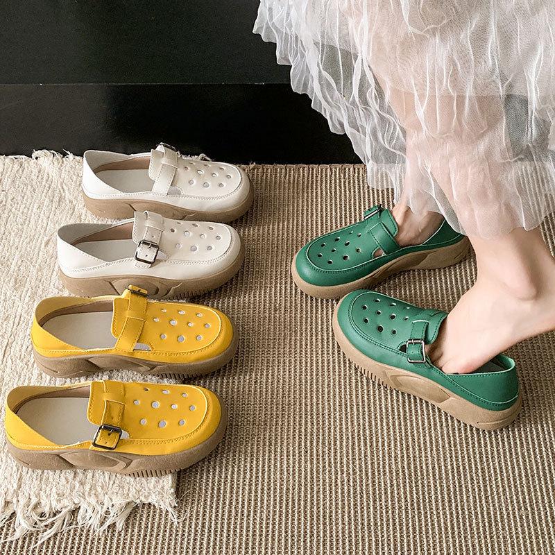 Soft Leather Hollow Hole Shoes, One Pedal with Thick Soles, Two Single Shoes, Spring and Summer Niche Retro Middle-aged Mother Shoes for Women