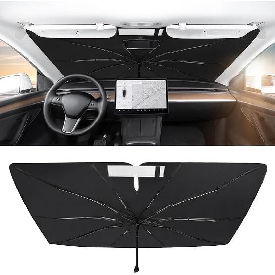 BASENOR 2017-2026 Tesla Model Y Model 3 Windshield Sunshade, Folding Front Window Sun Shade Full Cover, Heat UV Protection Visor Accessories