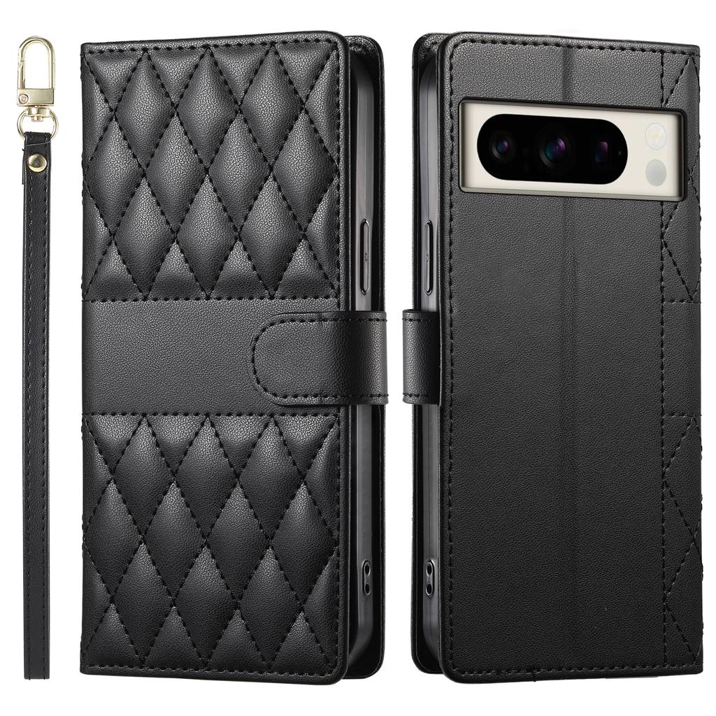 Für Google Pixel 8 Pro Hülle Rautensteppung Brieftasche Ständer Leder Handyhülle mit langem/kurzem Riemen
