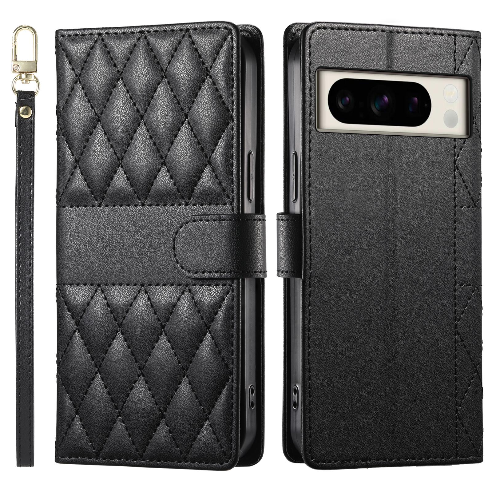 

For Google Pixel 8 Pro Case Rhombus Stitching Wallet Stand Leather Phone Cover with Long/Short Strap Black
