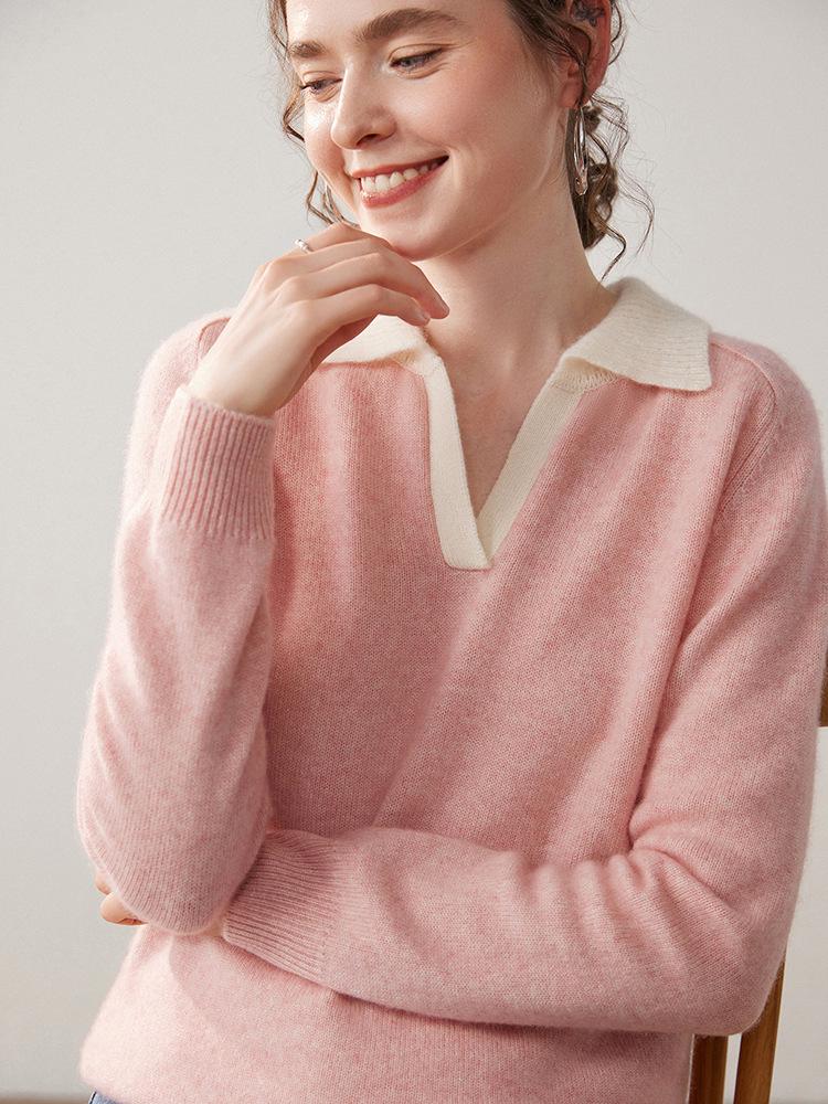 Patchwork Lapel Cashmere Sweater: Women's Slimming Knitwear Pullover