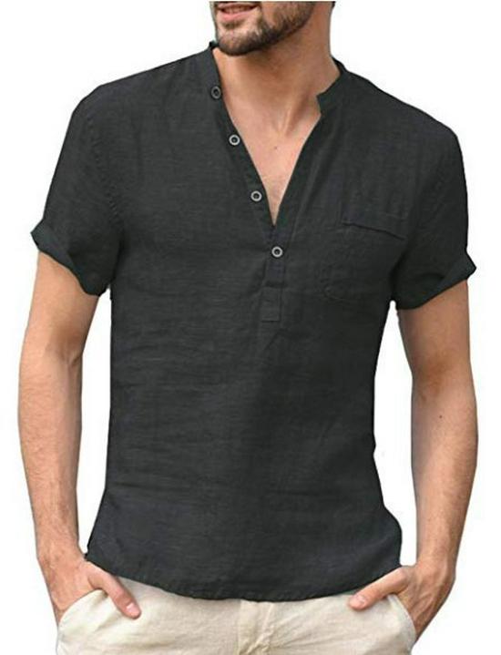 Men's Cotton Linen Stand Collar Short Sleeve Button-Up T-Shirt