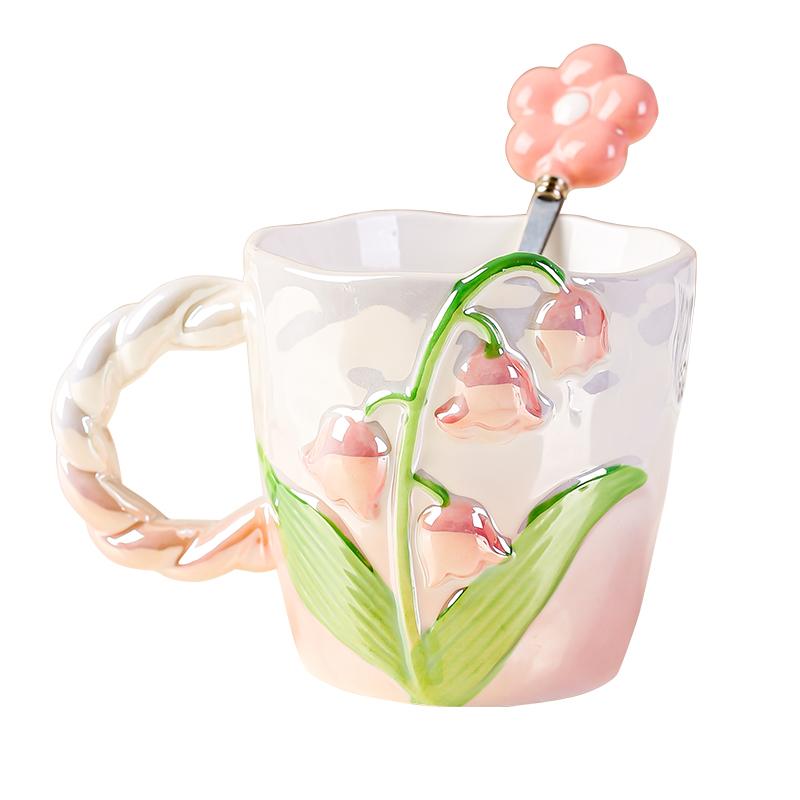 European Ceramic Lily of The Valley Cup with Spoon Three-dimensional Relief Flower Mug Exquisite Afternoon Tea Flower Teacup New