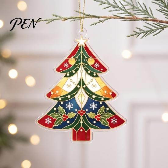 Lightweight Tree Pendant with Lanyard 2D Flat Acrylic Christmas Ornament, Vintage Stained Waterproof Souvenir Gift Glass Style Hanging Pendant,