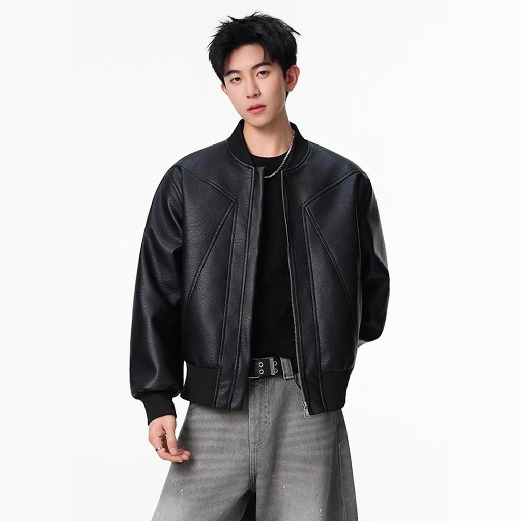 Baseball Collar Leather Jacket Mens Autumn Lining Short Pu Leather Motorcycle Jacket