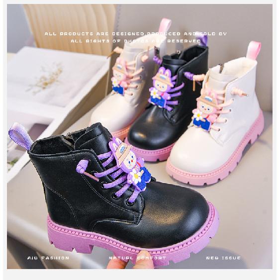 Girls' Martin Boots with Side Zipper, Autumn/Winter Kuromi Princess Style Mid-Calf Boots, Shiny Leather, Waterproof, Soft Sole, Fashion Shoes for